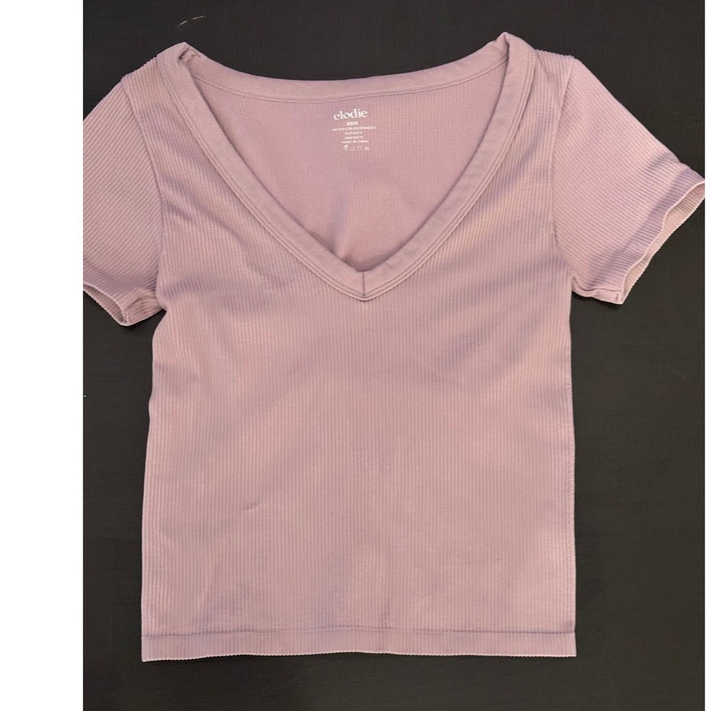 Elodie Ribbed Short‎ Sleeve V-Neck Top Dusty Mauve Pink XS/S ELSY4471